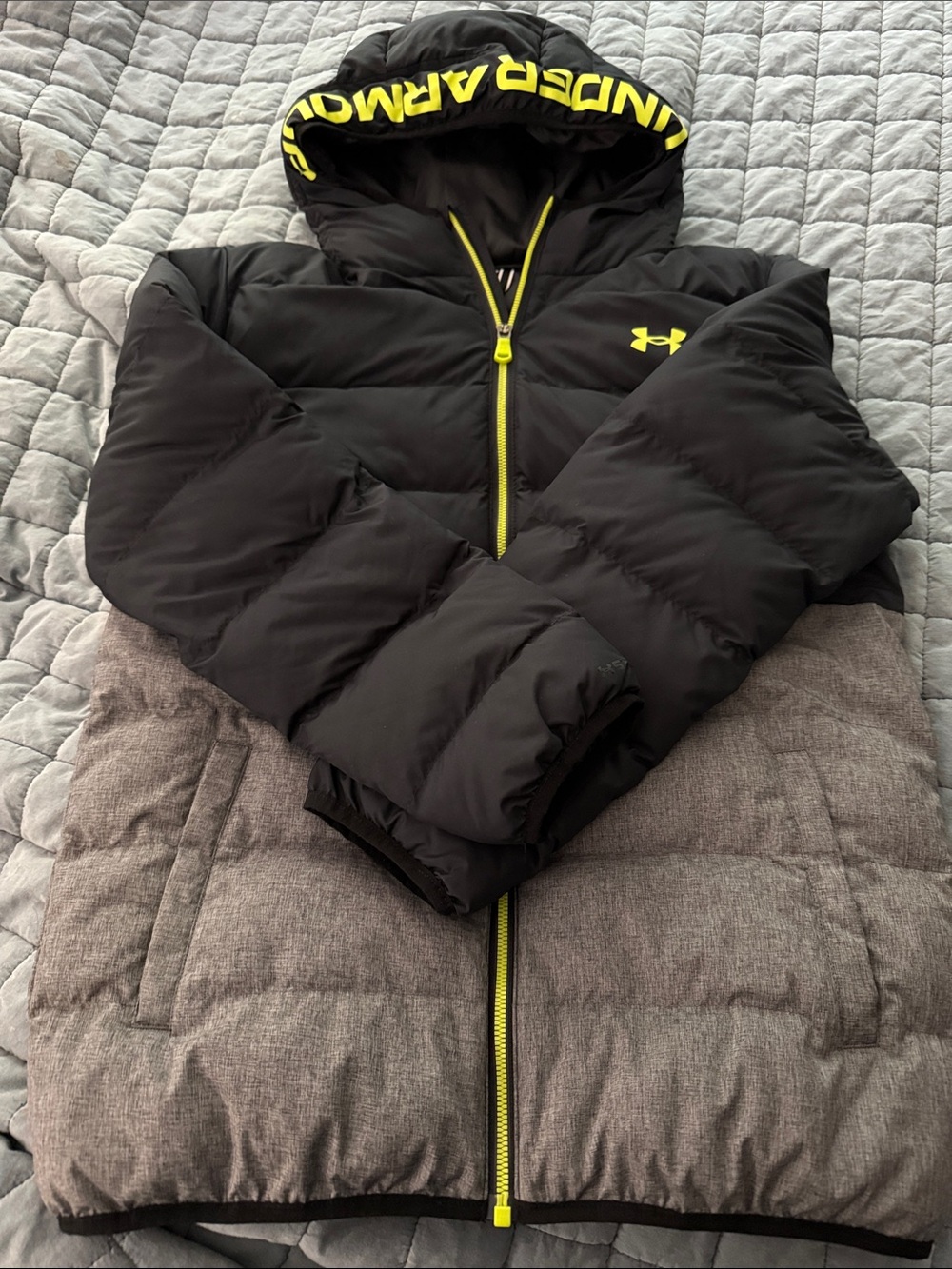 Under Armour Black and Gray Puffer Jacket with Neon Yellow Trim
